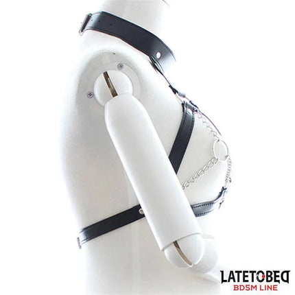 Bondage Harness with Open Cups and Chains from Latetobed BDSM line shown on mannequin.
