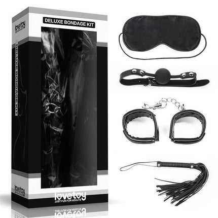 Bondage Kit Deluxe 4 Units Black with blindfold, gag, handcuffs, and flogger displayed in packaging