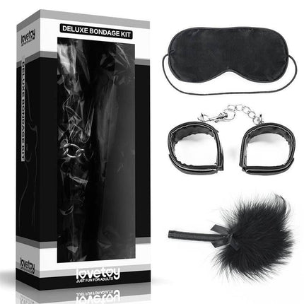 Bondage Kit Deluxe Black with blindfold, handcuffs, and tickler in a stylish package.