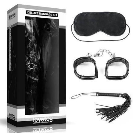 Bondage Kit Deluxe Black with blindfold, handcuffs, and flogger in box packaging