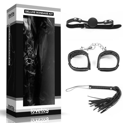 Bondage Kit Deluxe Negro featuring black gag, handcuffs, and flogger in silicone, nylon, and polyester for beginner-friendly exploration.