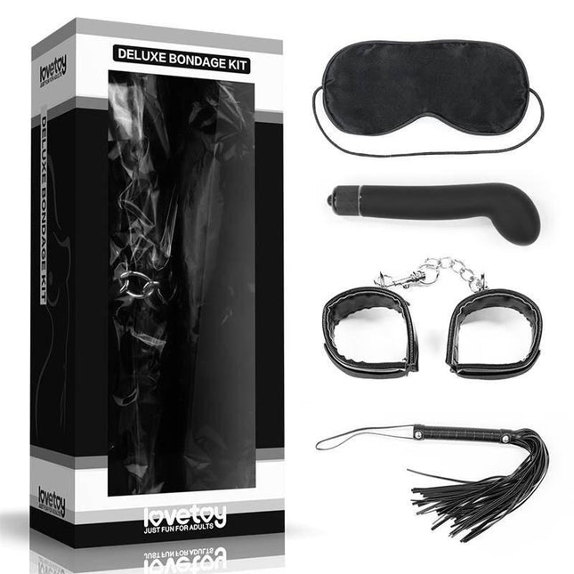 Bondage Kit Deluxe with Vibrator Black including eye mask, handcuffs, whip, and G-spot vibrator for intimate play.