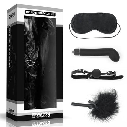 Bondage Kit Deluxe with Vibrator Black featuring blindfold, gag, and feather tickler for sensual play.