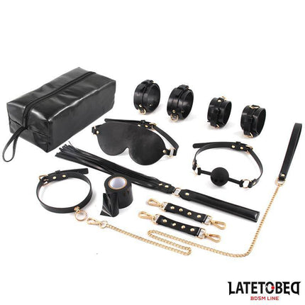 Bondage Kit with 8 Pcs with Storage Bag from Latetobed BDSM Line featuring elegant gold detailing and secure restraints.