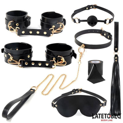 Elegant Bondage Kit with 8 Pcs with Storage Bag, featuring gold-detailed cuffs, collar, leash, blindfold, and more for couples' BDSM play.