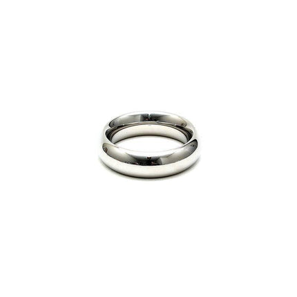 Bondage Play Steel Cock Ring with smooth silver finish, available in multiple sizes for enhanced sensation and durability.