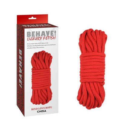 Bondage Rope Bing Love red restraint rope with packaging, 10 meters long, ideal for intimate play, made of a terylene and cotton blend.