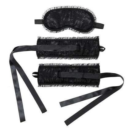Bondage Satin Look Handcuffs with Mask Black set with satin finish and soft-lined cuffs for luxury and comfort.