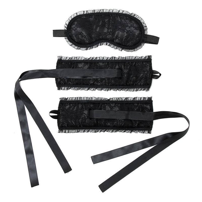 Bondage Satin Look Handcuffs with Mask Black set with satin finish and soft-lined cuffs for luxury and comfort.