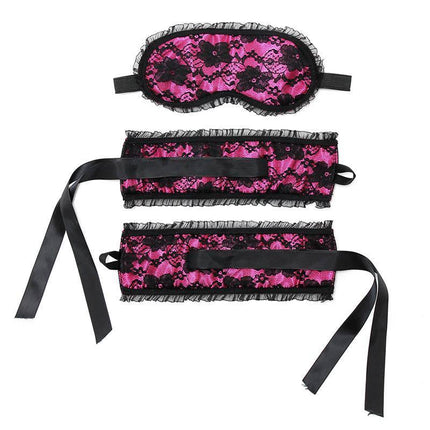 Bondage Satin Look Handcuffs with Mask Pink featuring pink satin lace cuffs and matching mask for chic intimate experiences.