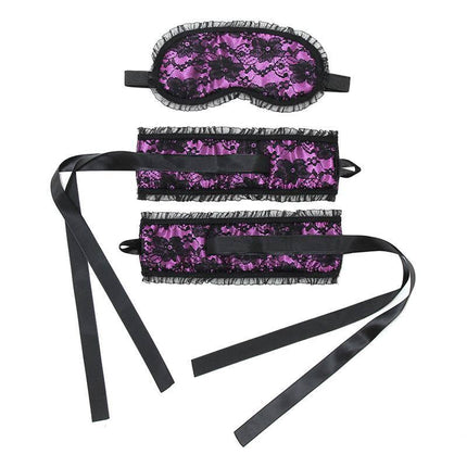 Bondage Satin Look Handcuffs with Mask Purple featuring satin-like finish and burlesque-inspired design in a striking purple hue.