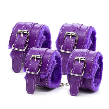 Bondage Set 10 Pieces Purple with velvet-lined handcuffs for comfortable consensual restraint and sensation play.