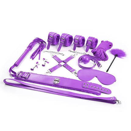 Bondage Set 10 Pieces Purple featuring adjustable handcuffs and accessories for consensual restraint and sensation play.