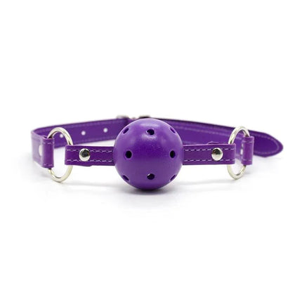 Purple ball gag from Bondage Set 10 Pieces Purple with nickel-free, adjustable strap for comfortable BDSM play.