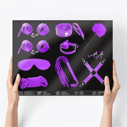 Bondage Set 10 Pieces Purple with handcuffs, rope, and BDSM accessories for restraint and trust exploration.