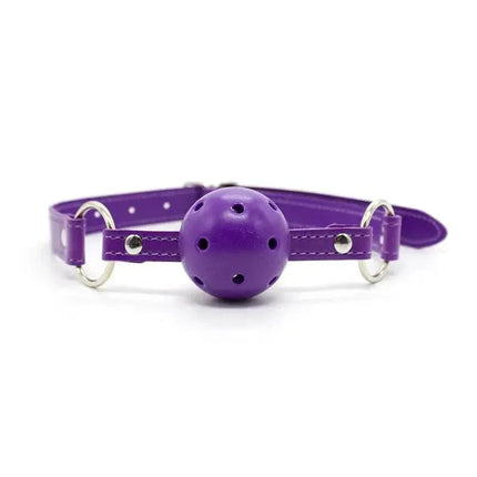 Purple ball gag, part of the Bondage Set 10 Pieces Purple, featuring adjustable strap for customizable fit in BDSM play.