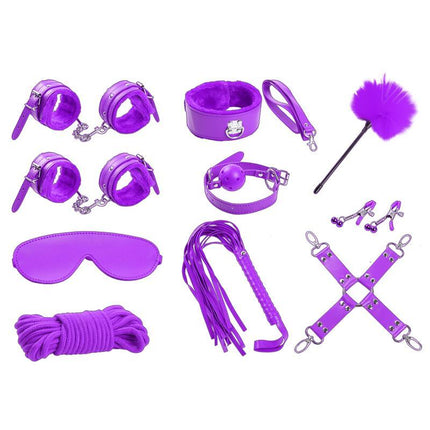 Bondage Set 10 Pieces Purple including cuffs, blindfold, whip, rope, and more for BDSM play.