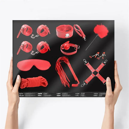 Bondage Set 10 Pieces Red with handcuffs, blindfold, red rope, and BDSM accessories for couples' intimate play.