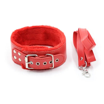 Red velvet bondage collar and leash from Bondage Set 10 Pieces Red, designed for comfort and durability in BDSM play.