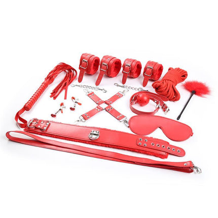 Bondage Set 10 Pieces Red, complete BDSM kit with handcuffs, whip, and blindfold for couples' intimate restraint, nickel-free and adjustable.
