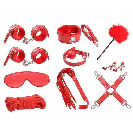 Bondage Set 10 Pieces Red - BDSM kit with handcuffs, blindfold, rope, and more for couples' intimate play.