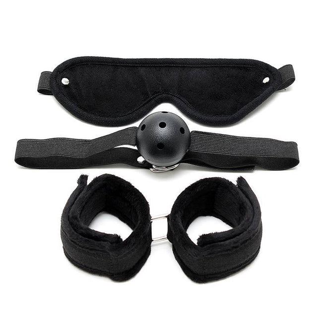 Bondage Set 3 Pieces Black - eyemask, ball gag, and cuffs for intimate and adventurous play