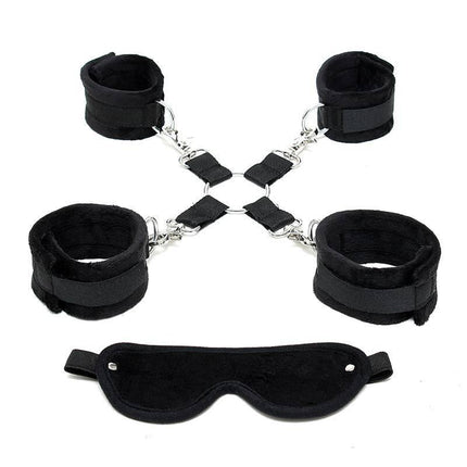 Bondage Set Black featuring cuffs, hogtie, and eyemask for BDSM restraint play.