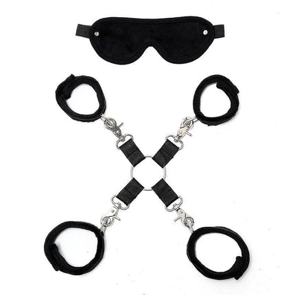 Bondage Set Black with eyemask, wrist and ankle cuffs, and hogtie restraint for BDSM play.