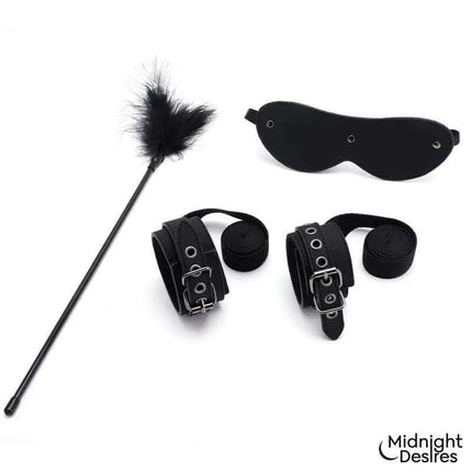 Bondage Set with Blindfold, Feather Tickle and Cuffs by Midnight Desires featuring vegan leather cuffs and tickler.