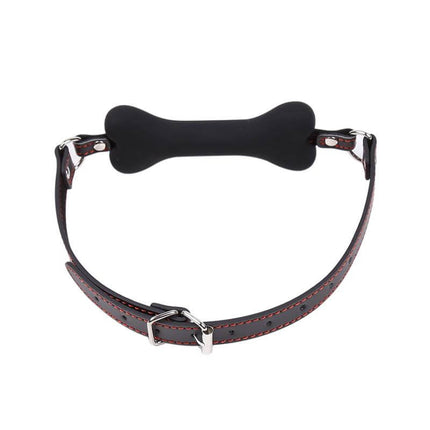 Alt Tag: black silicone bone gag ball with adjustable leather strap in black and red from secretsextoys.store