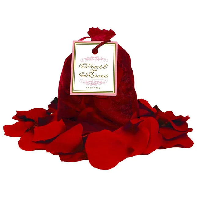 Bag of red rose petals with a label reading Trail of Roses