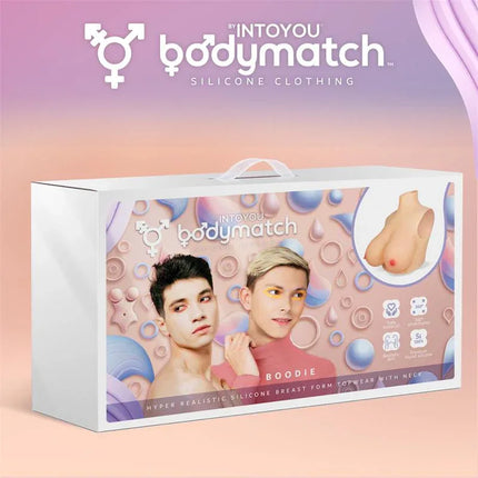 Boodie Realistic Breast Form D Cup Liquid Silicone packaging by Bodymatch with hyper-realistic features for identity expression