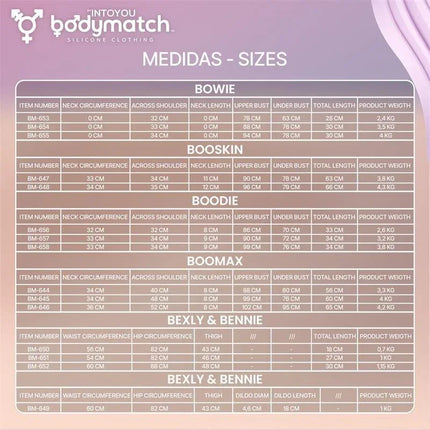 Size chart for IntoYou Bodymatch silicone clothing, including Boodie Realistic Breast Form E Cup Liquid Silicone dimensions.