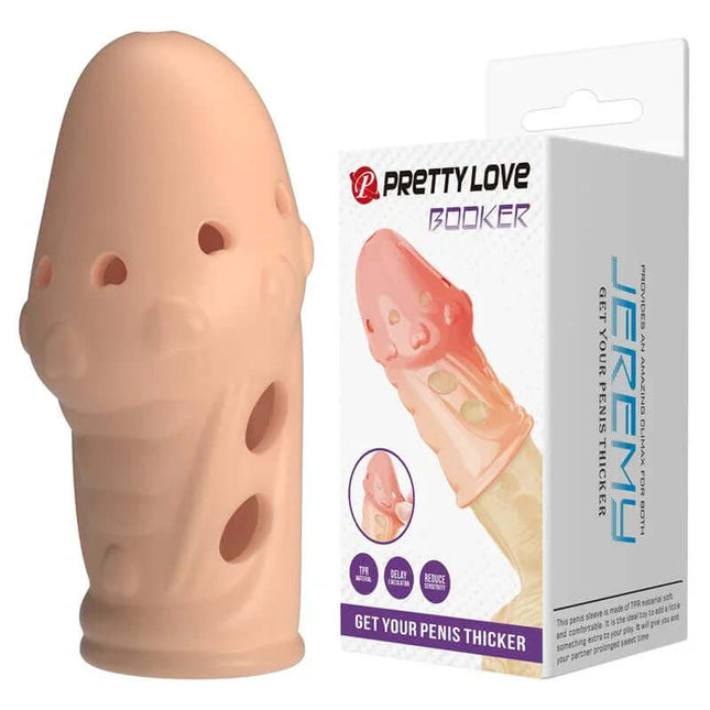 Booker Penis Sleeve silky-smooth TPR design aids performance with flexible fit for longer, firmer erections. Product packaging shown.