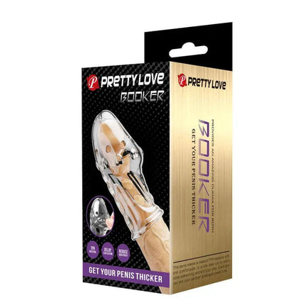 Booker Penis Sleeve TPR packaging promoting performance and pleasure benefits for improved strength and stamina.