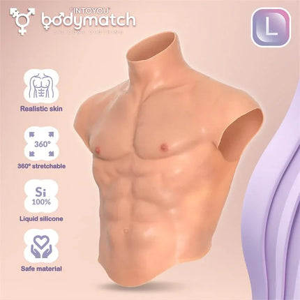 Boomax Hyper Realistic Muscle Suit Liquid Silicone Size L showcasing realistic skin texture and 360-degree stretchable material.