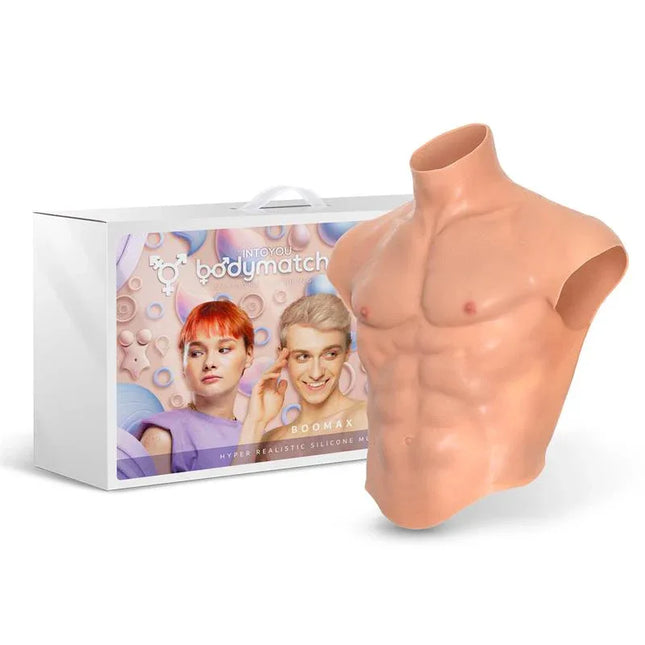 Boomax Hyper Realistic Muscle Suit Liquid Silicone Size M by Bodymatch packaging with muscle suit display