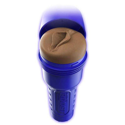 Boost Bang Masturbator Vagina by Fleshlight with lifelike sleeve for realistic texture and enhanced stimulation, blue case view.