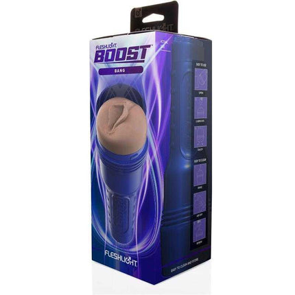 Boost Bang Masturbator Vagina packaging by Fleshlight, realistic texture and suction design for enhanced solo stimulation.