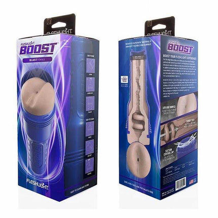 Boost Blast Masturbator Anus packaging showcasing features and lifelike design for enhanced pleasure.