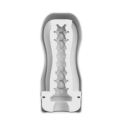 Boost Ribbed Stroker Male Masturbator with integrated suction and ribbed texture for enhanced sensations, cutaway view.