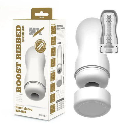 Boost Ribbed Stroker Male Masturbator box and product with ribbed texture insert visible.