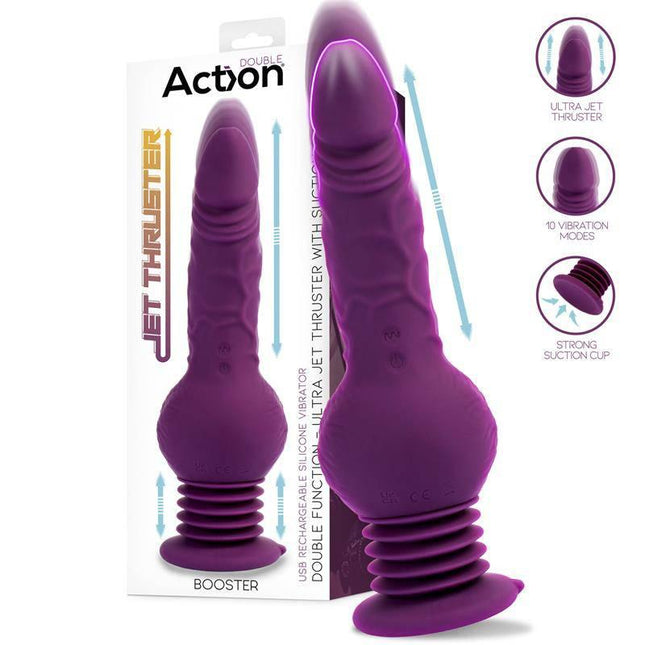Booster Ultra Jet Thruster Vibrator with Powerfull Suction Cup, featuring purple design and strong suction cup.