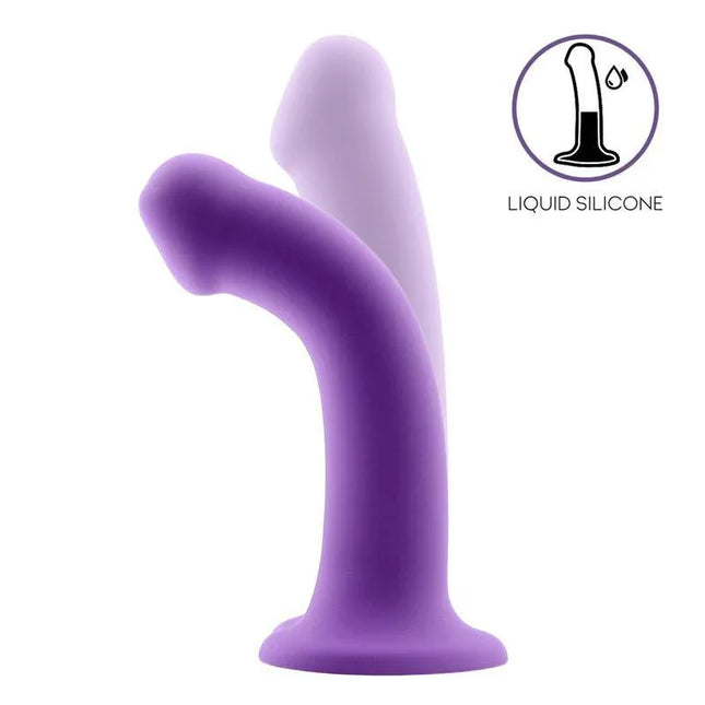 Bouncy Liquid Silicone Dildo Hiper Flexible 6.5 - 16.5 cm Size S Purple on display with liquid silicone feature icon.
