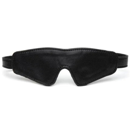 Bound to Your Synthetic Leather Blindfold with soft black synthetic leather and elegant golden accents for sensory play.