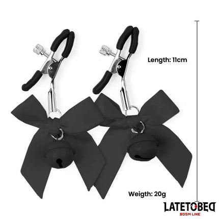 Bow Nipple Clamps with Bell featuring black silk bows and metal core, offering adjustable tension for sensual play, 11cm length.