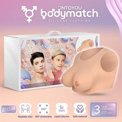 Bowie Realistic Breast Form D Cup Liquid Silicone by Bodymatch on display with packaging, featuring hyper-realistic craftsmanship.