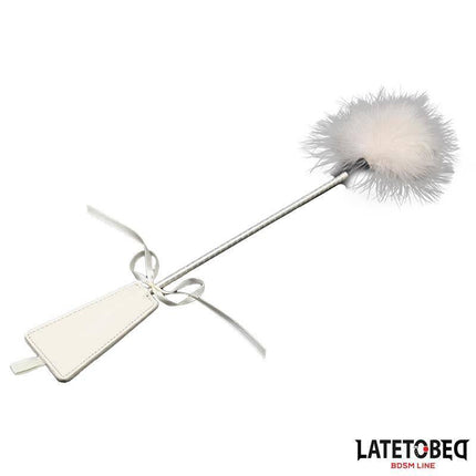Bowknot Feather Tickler Paddle with white feathers and sleek design for light teasing and intimate moments.