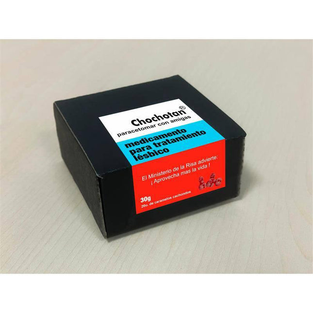 Black box with a Spanish label featuring 'Chochoton' paracetamol for lesbian treatment, humorously presented as medicine.
