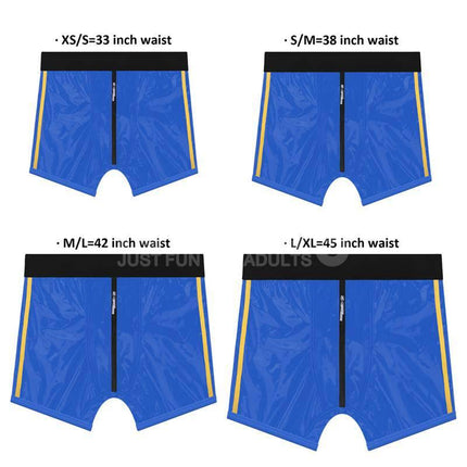 Blue boxer briefs in various sizes XS/S to L/XL, suitable for waist sizes 33 to 45 inches.